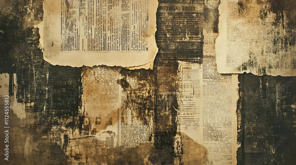 Poster an artistic background featuring old newspaper clippings with faded text and vintage textures, creat