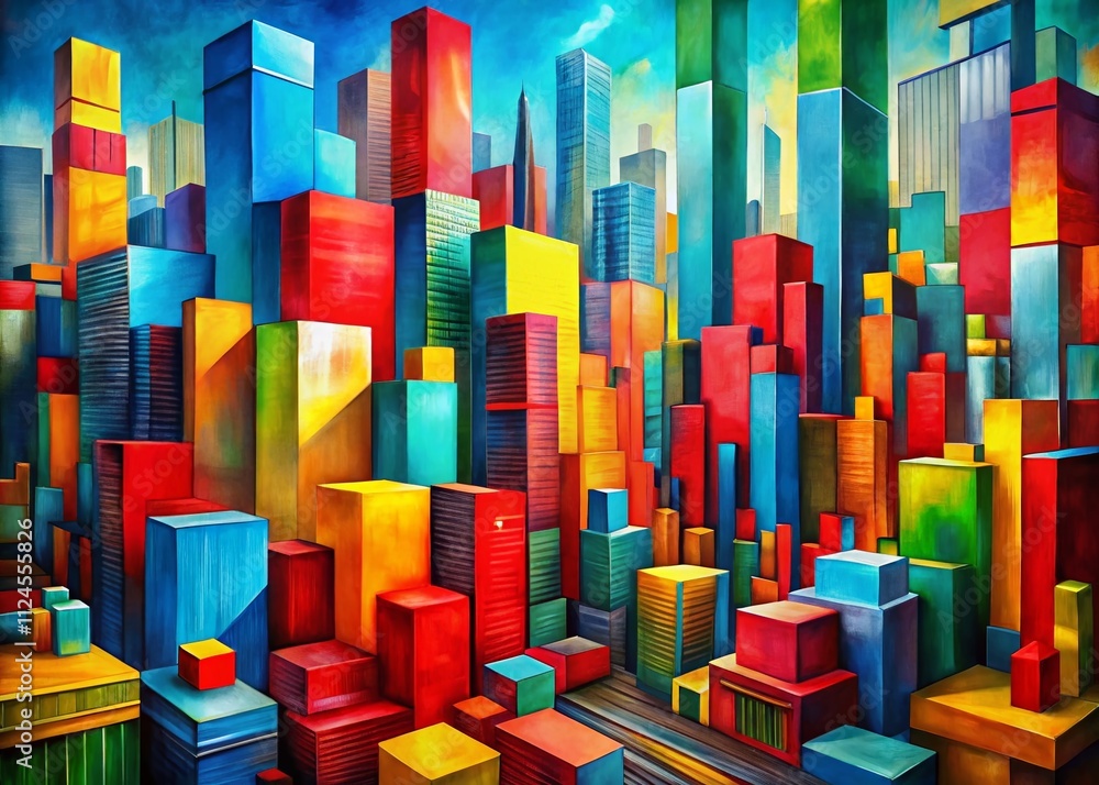 Poster abstract cityscape with bold color blocks illustrating urban exploration through dynamic shapes and 