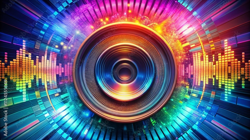 Poster abstract circular music sound equalizer with radial audio waves depicting volume levels and vibratio
