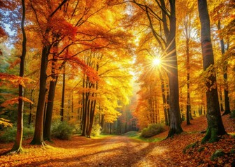 Fototapeta premium Autumn Forest Background Image: Golden Leaves, Fall Scenery, Woodland Path, Nature Photography