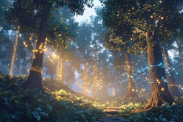 A dense forest illuminated by warm golden fairy lights wrapped around trees with mist and soft sunlight creating enchantment
