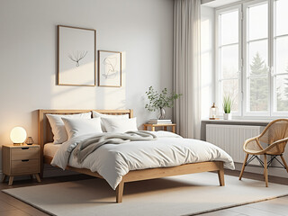 A minimalist bedroom featuring a wooden bed adorned with white linens, natural light filtering through large windows, creating a serene and inviting atmosphere for interior design.