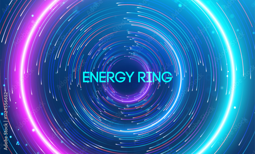 Poster energy ring surrounded by glowing neon swirls and dynamic digital patterns.