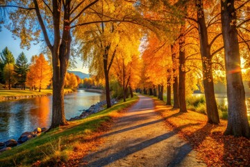Fototapeta premium Autumn Glow Riverside Park Whitefish Montana Candid Photography Path Fall Colors Scenic Nature
