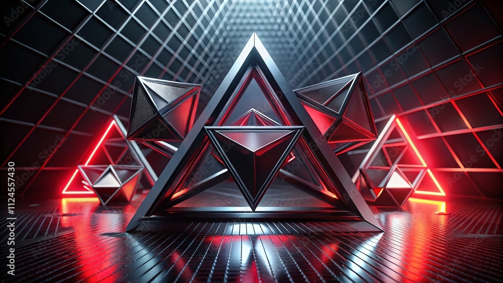 Poster abstract composition of 3d triangles with modern geometric design on a black background, showcasing 