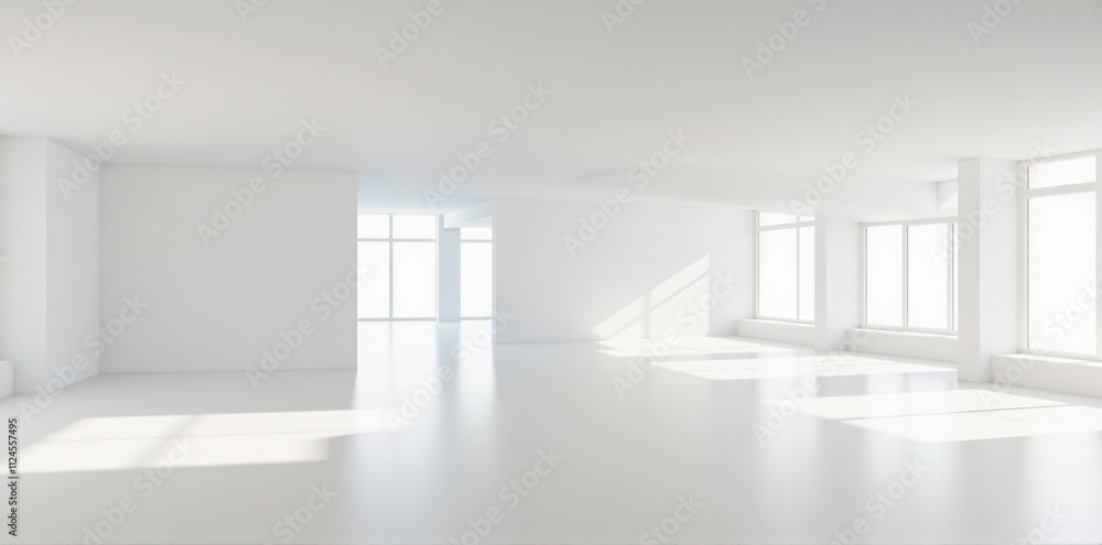 Poster an empty, bright white room with large windows allowing natural light to fill the space, creating a 