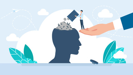 Obraz premium Propagandist litters human brain with fake news. Manipulation of citizens mass media. Throwing garbage on head. Spreading misinformation in internet. Brainwashing, propaganda. Vector illustration