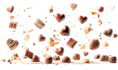 Chocolates Falling From Above Heart Shapes Various Shapes  On Transparent Background