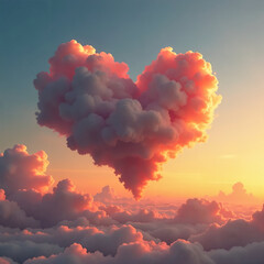 A heart of clouds in the sunset sky at the height of a bird's flight above the clouds, the concept of love and a postcard for St. Valentine's day