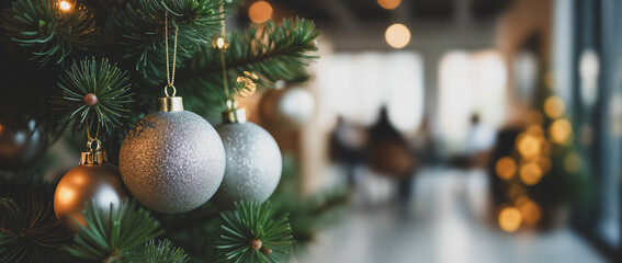 glittering silver gold ornaments on a lush green fir tree