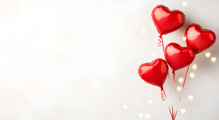 Heart valentine anniversary card concept. Red heart-shaped balloons arranged with a soft, romantic background.