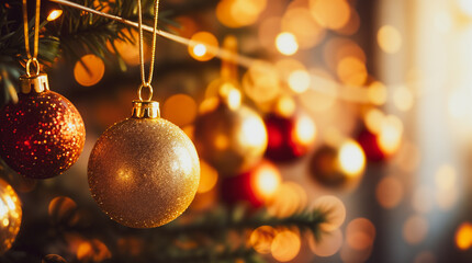 glittering gold red ornaments adorn a festive tree