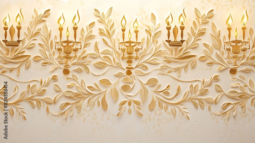 Poster refined hanukkah background with intricate gold patterns of menorahs and olive branches on a cream c