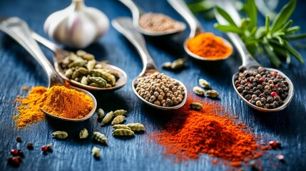 Assorted spices on spoons: aromatic ingredients for culinary inspiration