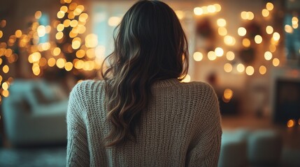 Obraz premium Relaxed young woman in cozy sweater sitting on couch using smartphone for online shopping and watching videos