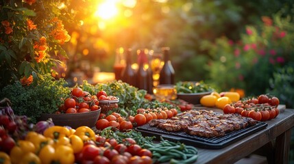Summer BBQ Gathering with Grilled Meats and Fresh Vegetables Outdoor in Backyard