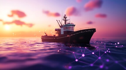 Obraz premium Sunset Ocean Vessel Smart Fishing Boat IoT Connected Technology