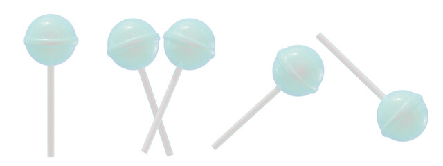 a collection of 3d cute aurora laght blue candies or lollipops on an isolated background, fun-loving lollipop design elements