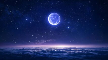 Fototapeta premium A night sky filled with stars and a glowing moon, dark blue and purple tones with vast empty space above the horizon