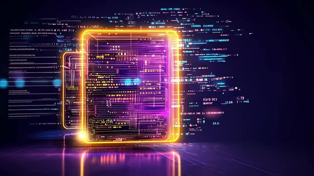 Futuristic wireframe hologram of quantum computer with intricate digital patterns in neon colors