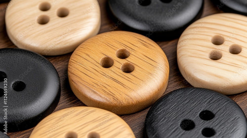 Poster a collection of wooden buttons with different colors and sizes. the buttons are arranged in a row, w
