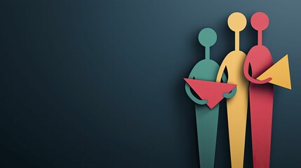 Abstract human figures holding varying shapes, solid dark blue background, audience understanding concept