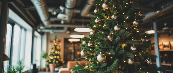 decorated evergreen tree with gold bronze ornaments a modern interior