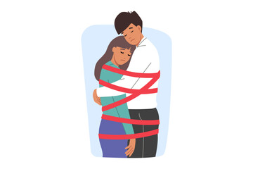 Toxic relationship between man and woman tied with rope and feeling restricted or depressed. Problem of control in toxic relationship among lovers who need help of family therapist to avoid divorce