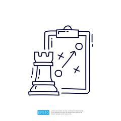 The image features a chess rook beside a clipboard with strategic markings, symbolizing planning and tactics in a game or competitive scenario.