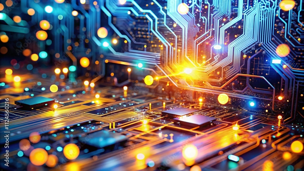 Poster abstract digital circuit board design featuring glowing lights and lines in a striking double exposu