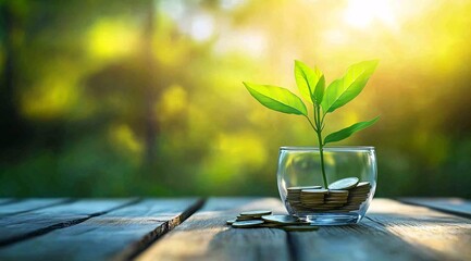 View of a clear pot filled with coins and a growing plant, emphasizing eco-friendly financial prosperity