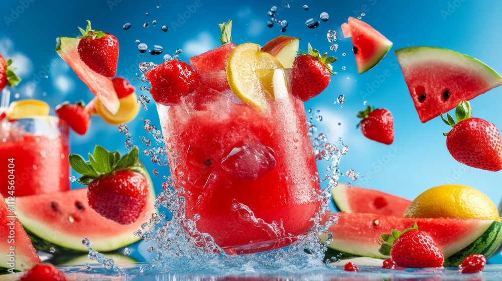 Poster a glass of watermelon juice with a splash of lemon and strawberries. the image has a playful and ref