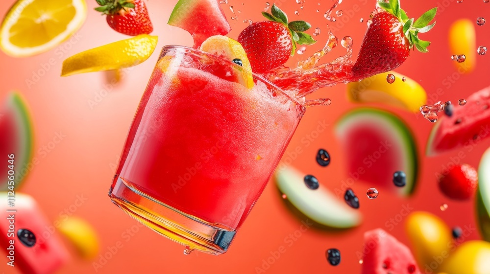 Poster a glass of fruit punch with a splash of watermelon and strawberries. the image has a vibrant and ref