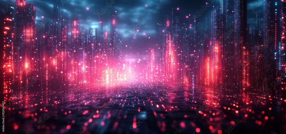 Aufkleber futuristic cyberpunk digital landscape with neon geometric shapes and depth of field effect