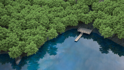 Landscaped view of tree-lined lake with wooden jetty, digitally generated.