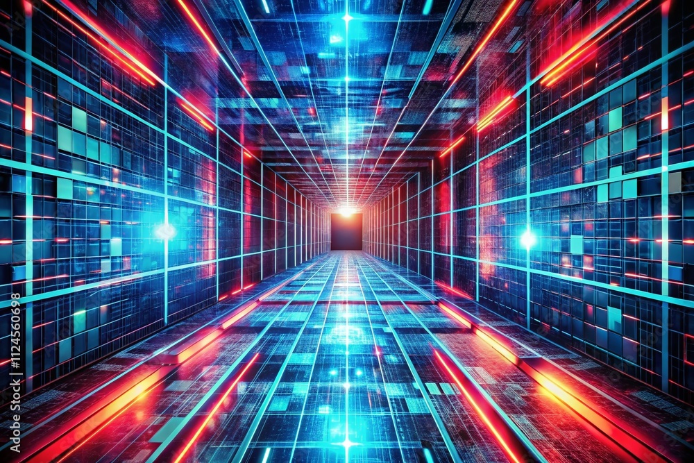 Aufkleber abstract digital data tunnel with glowing blue and red lines and squares illustrating the concept of