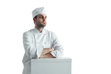 Professional Waiter Relaxing Against a Closed Menu Stand in a Busy Restaurant Setting