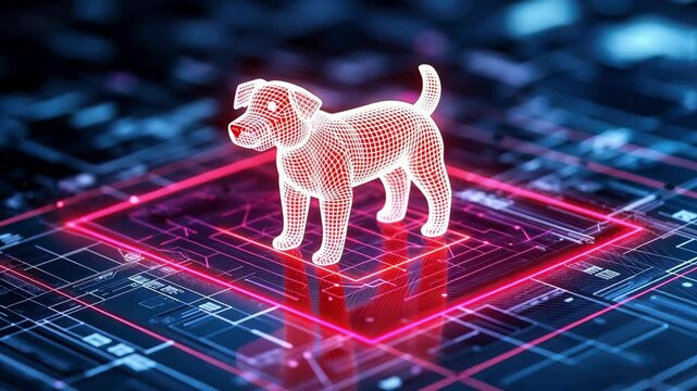 Futuristic wireframe hologram of smart autonomous robot dog in digital space