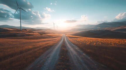 Rural Road Through Sunflower Field With Wind Turbines