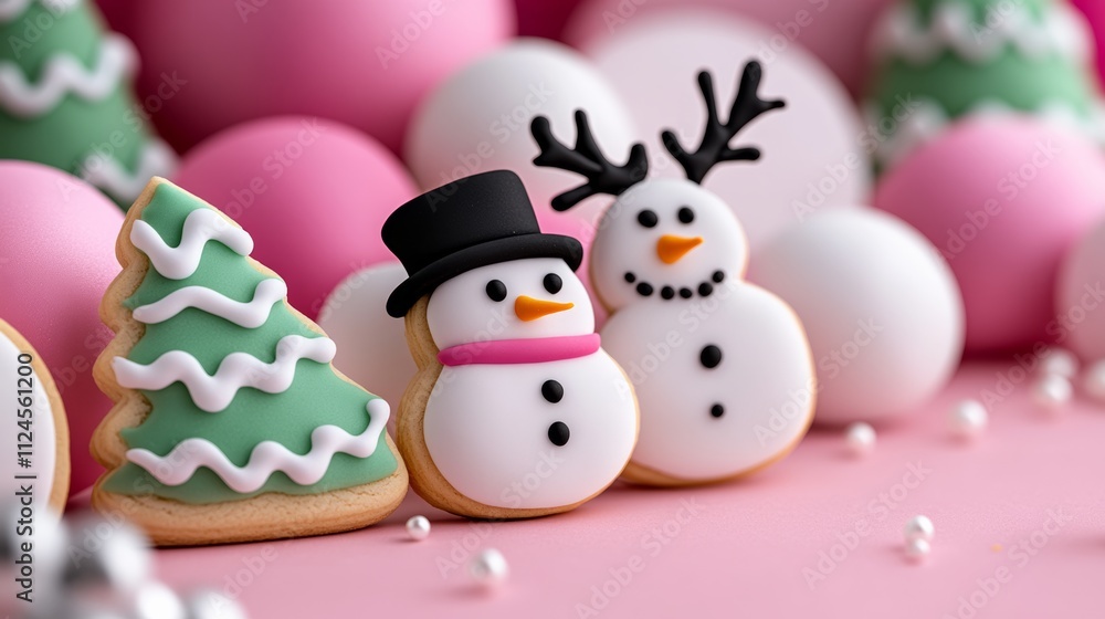 Poster a group of cookies with a snowman and a tree on them. the cookies are arranged in a row and are surr