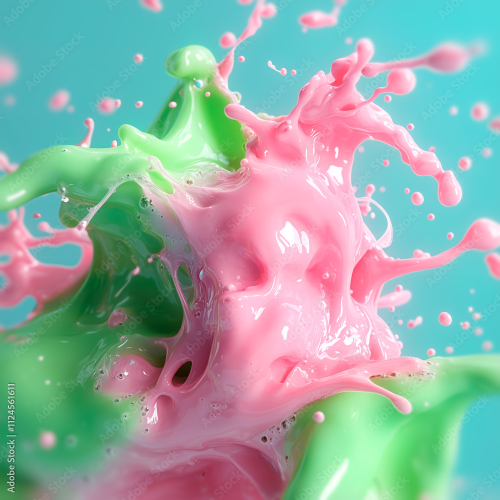 Poster Abstract composition featuring a dynamic splash of bright pink and green liquids on a light blue background. The texture resembles a glossy, fluid material with realistic drops and splashes that creat