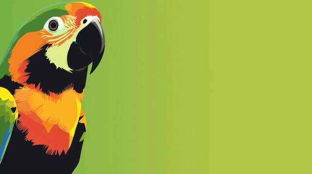 A colorful cartoon parrot against a green background.