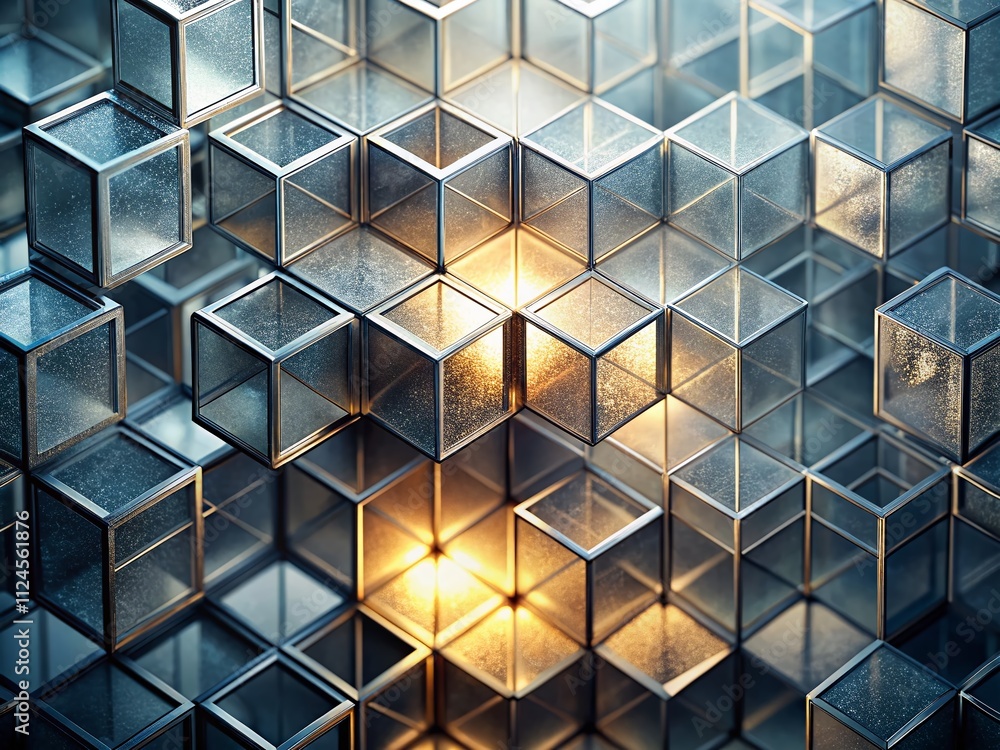 Poster abstract double exposure of sandblasted gray glass backlit by 3d cubes pattern, creating an intricat