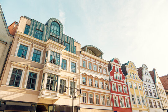 Historic colorful houses at Kr�peliner Str. in the old town of Rostock, Germany.