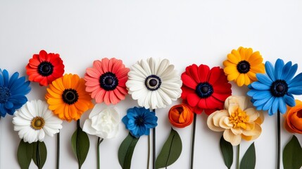 Obraz premium A row of colorful flowers with a white background. The flowers are arranged in a way that they are all facing the same direction. The colors of the flowers are red, blue, yellow, and white