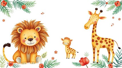 Obraz premium Watercolor set of cute tropical animals including lion, giraffe, and elephant on a white background, perfect for children's holidays, textiles, and postcards, children's, animals