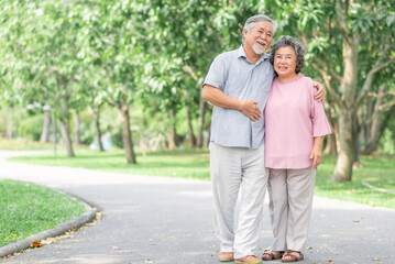Happy in love Asian senior couple hugging and talking a walk in the park