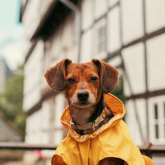 Charming Pup in a Yellow Raincoat in a Historic City