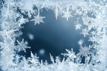 Icy frost crystal border backgrounds snowflake shape.