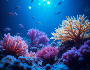 Obraz premium Natural Underwater World: Vibrant Neon Corals and Sea Creatures in Ethereal Glow